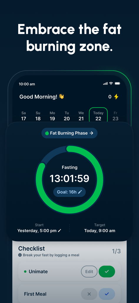 Feel Great app interface showing an intermittent fasting timer and the fat burning phase status.