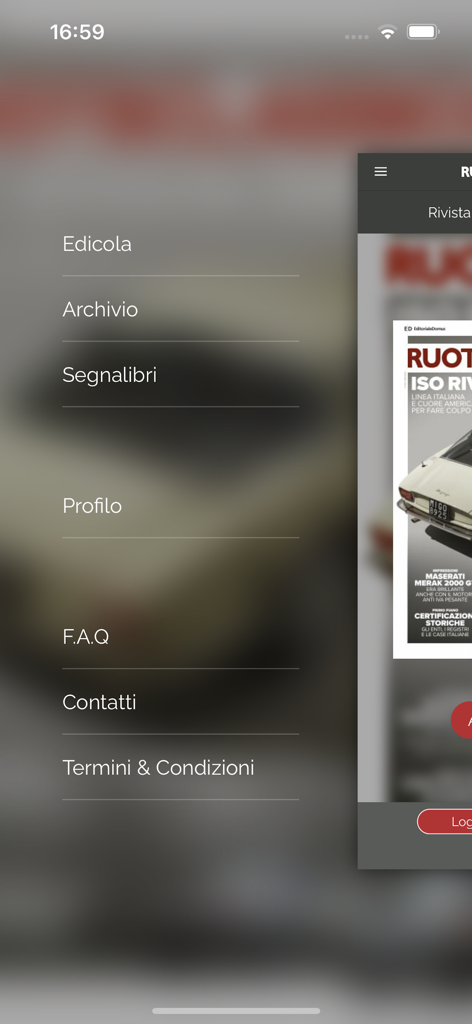 Ruoteclassiche - Menu di navigazione laterale dell'app Ruoteclassiche con opzioni per edicola, archivio e segnalibri