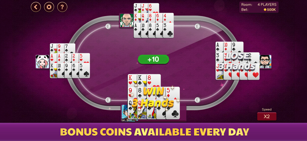 Chinese Poker - Pusoy Offline - Una schermata di gioco di Pusoy Cinese Offline che mostra quattro giocatori e mani di carte