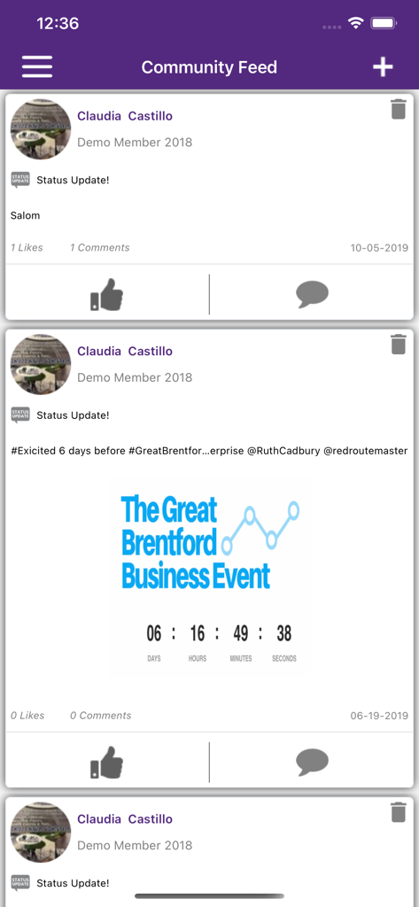 MemberPlus - Community-Feed der MemberPlus-App mit professionellen Statusaktualisierungen und Ankündigungen lokaler Geschäftsveranstaltungen.