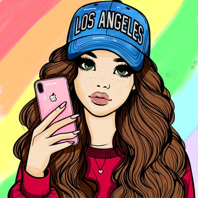 realistic beautiful girl wearing los ángeles cap holding an iphone