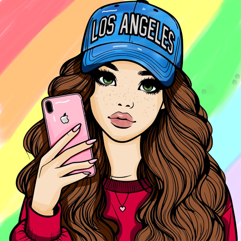 realistic beautiful girl wearing los ángeles cap holding an iphone