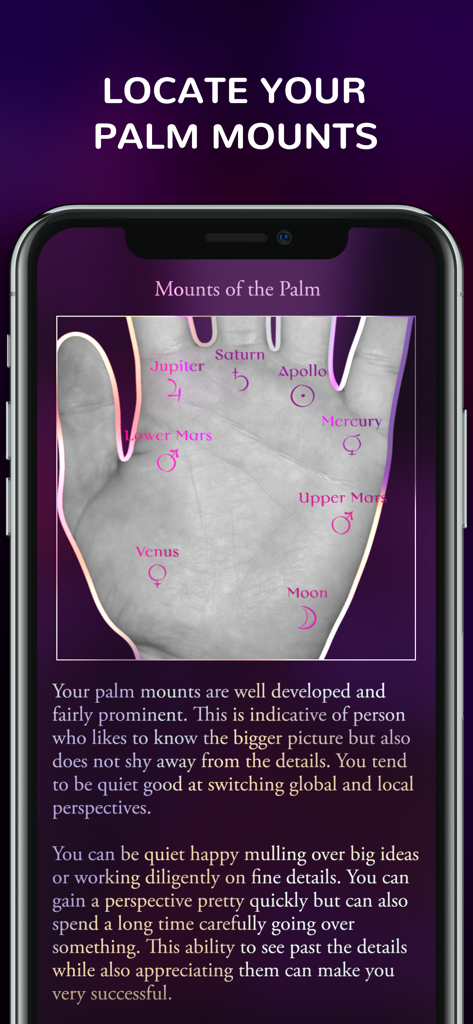 Palmist - AR Palm Reader - A mobile app screenshot from Palmist showing the location of palm mounts such as Jupiter, Saturn, and Venus on a scanned hand with a detailed personality analysis.