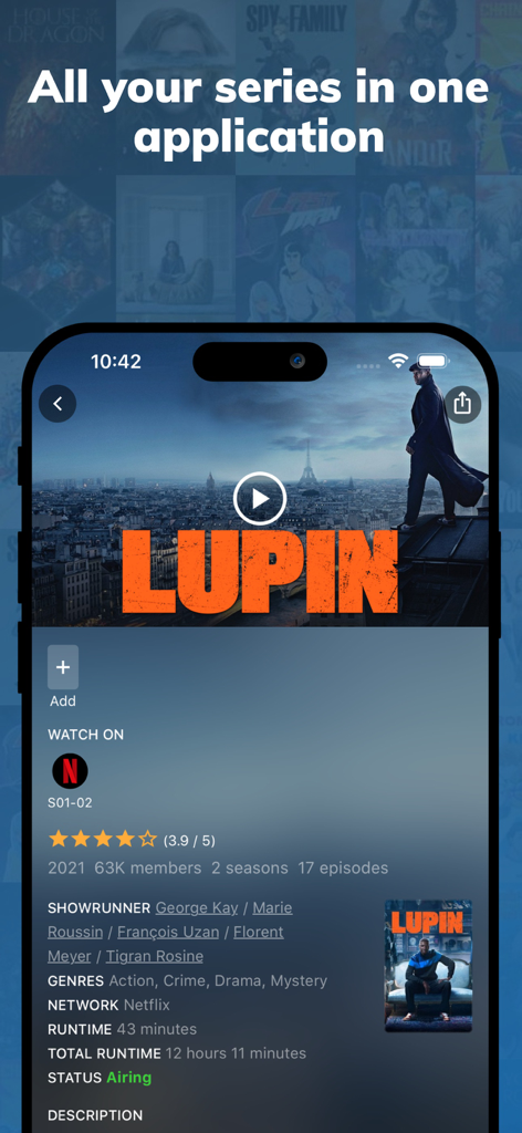 BetaSeries - TV Shows & Movies - BetaSeries app screen showing detailed information for the TV show Lupin including Netflix availability and user ratings