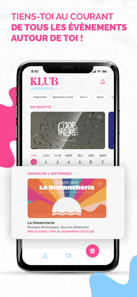 iPhone-Bildschirm mit dem Veranstaltungskalender der Klub-App und lokalen Aktivitätsvorschlägen