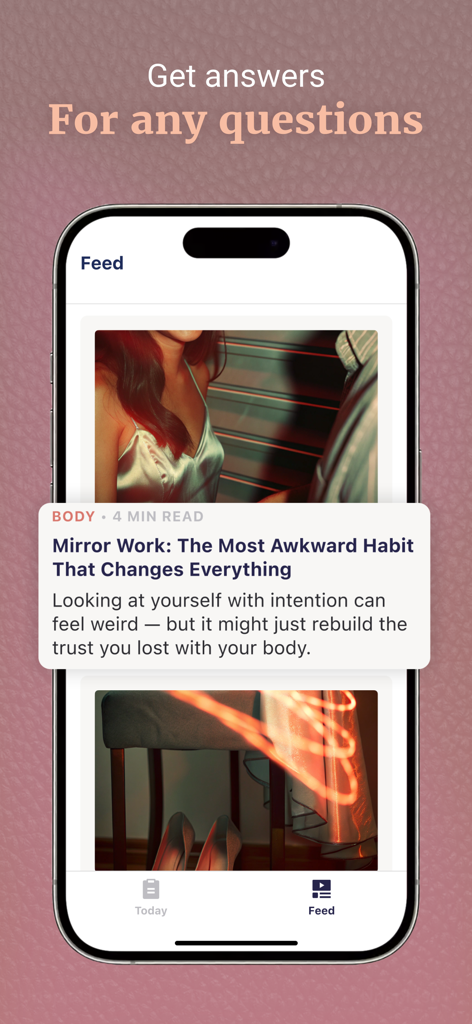The Coach for her: intimacy - Ein Bildschirm einer mobilen App, der einen Lehrartikel mit dem Titel 'Spiegelarbeit' in einem Wellness-Feed anzeigt.