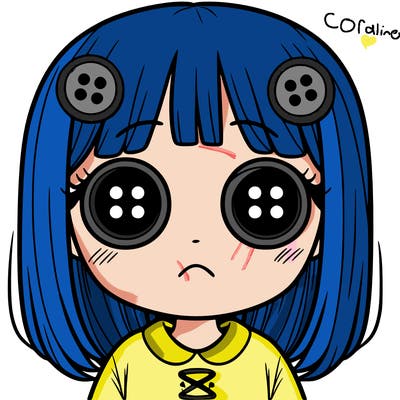 girl with button eyes and not smiling