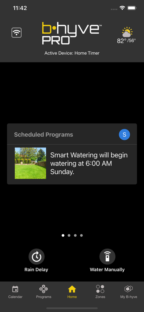 B-hyve Pro app interface showing the smart watering schedule and current weather for professional irrigation management.