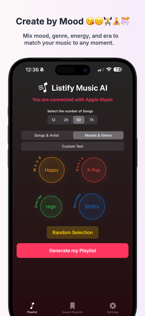 Listify Music AI - Listify Music AI interface for generating playlists by selecting mood, genre, energy, and decade.