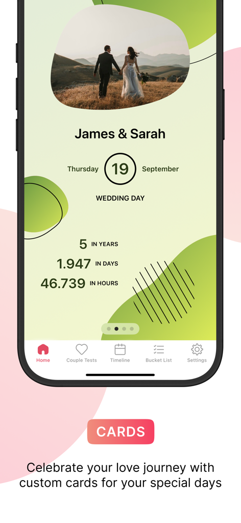 Luvy - Couples & Relationship - Eine benutzerdefinierte Jubiläumskarte in der Luvy App, die den Meilenstein des Hochzeitstages für ein Paar mit der verstrichenen Zeit in Jahren, Tagen und Stunden anzeigt.