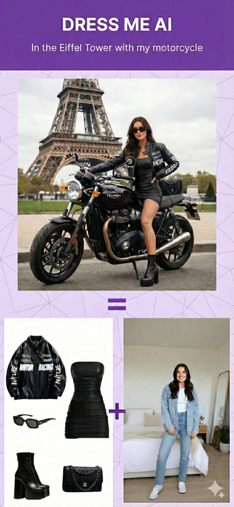 Dress Me AI - Outfits Try On - An AI-generated image showing a woman virtually trying on a leather outfit and sitting on a motorcycle in front of the Eiffel Tower