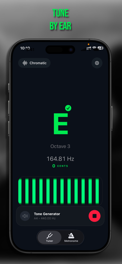 Tuner & Metronome: Attune - Interfaz de la aplicación móvil Attune que muestra la función de generador de tono de referencia para afinar de oído con una nota Mi