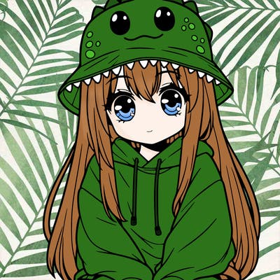 girl with anime shaped eyes with a dinosaur bucket hat oversized sweatshirt long straight hair