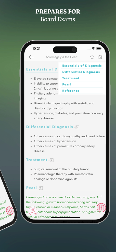 Pantalla de teléfono inteligente que muestra los detalles de diagnóstico y tratamiento de cardiología para la acromegalia y el corazón con secciones para diagnóstico diferencial y perlas clínicas