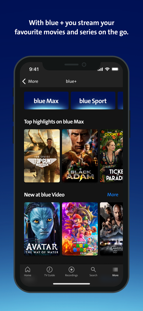 Swisscom blue TV - Smartphone-Bildschirm mit der Swisscom blue TV App, verschiedenen Filmplakaten und Navigationsmenü