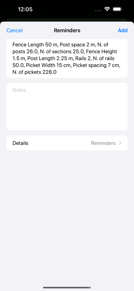 A mobile screen showing fence calculation results saved as a reminder including post and picket counts.