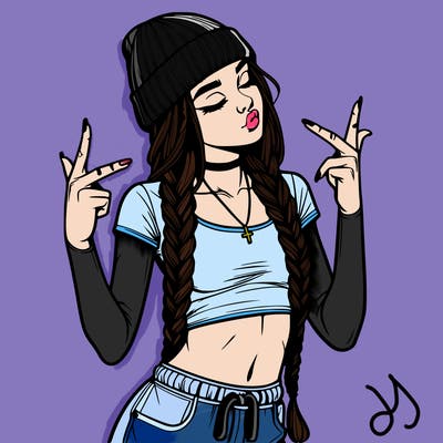 realistic teenage girl with braids and a beanie and crop top doing 🫶🏼