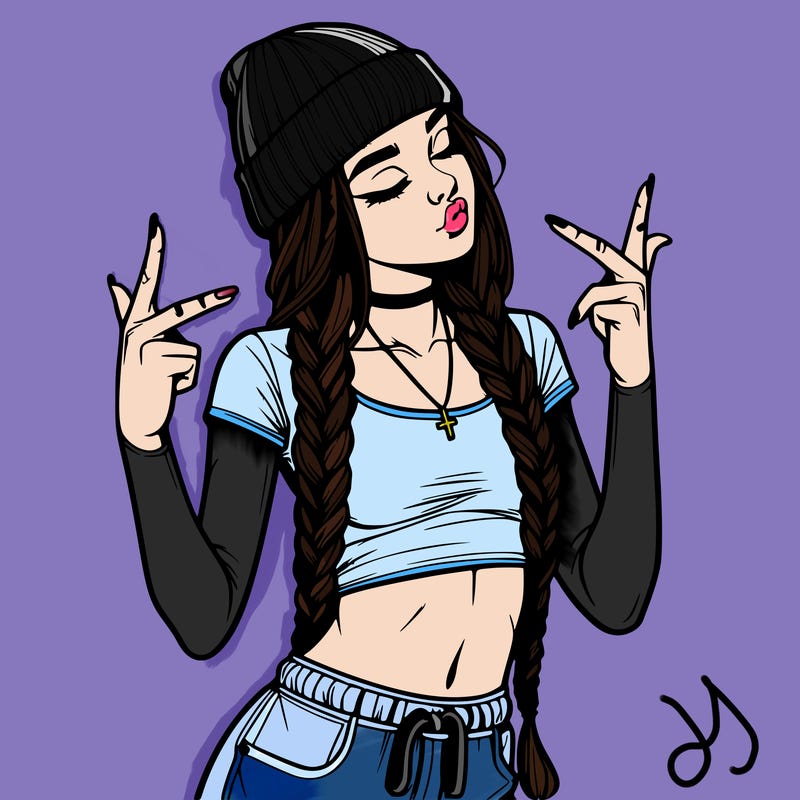 realistic teenage girl with braids and a beanie and crop top doing 🫶🏼