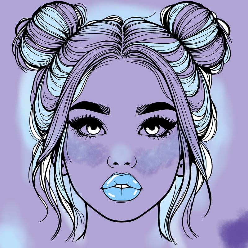 realistic girl with two buns on her hair and lips