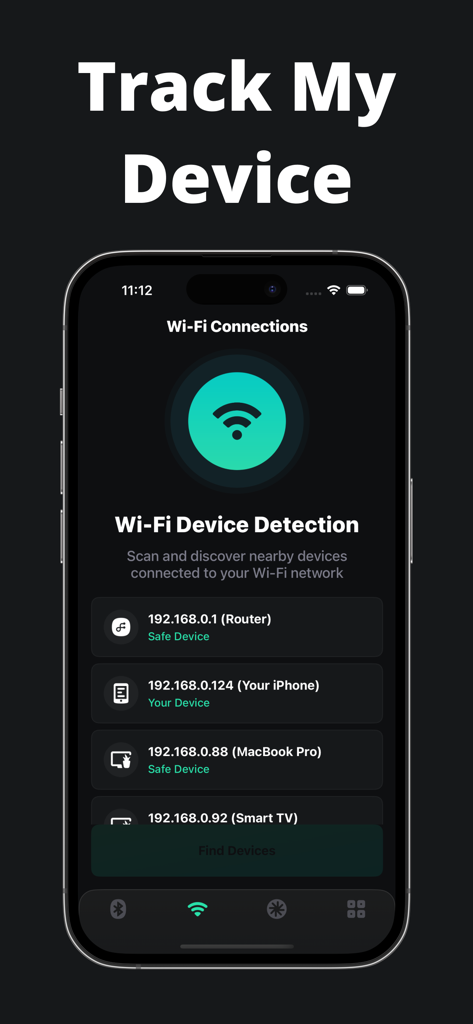 Find: My Phone + Devices Air - Smartphone screen showing the Wi-Fi device detection feature listing connected network devices like a router and MacBook Pro