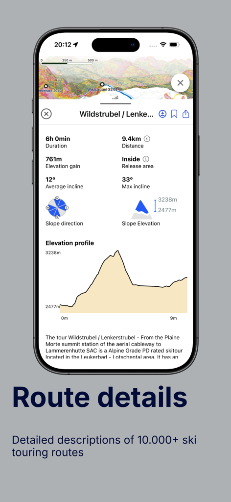 Skida: Alpine Adventures - Screenshot of Skida app showing detailed ski touring route information including elevation profile, slope direction, and distance metrics.