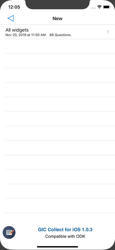 GIC Collect app interface showing a list of available ODK forms for field data collection on iOS.