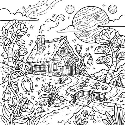 Escape to a charming cottage nestled on an alien world with this delightful coloring page. Discover the enchanting blend of rustic cottagecore aesthetics and mysterious exoplanet flora, inviting you to add vibrant hues to this cosmic dreamscape.