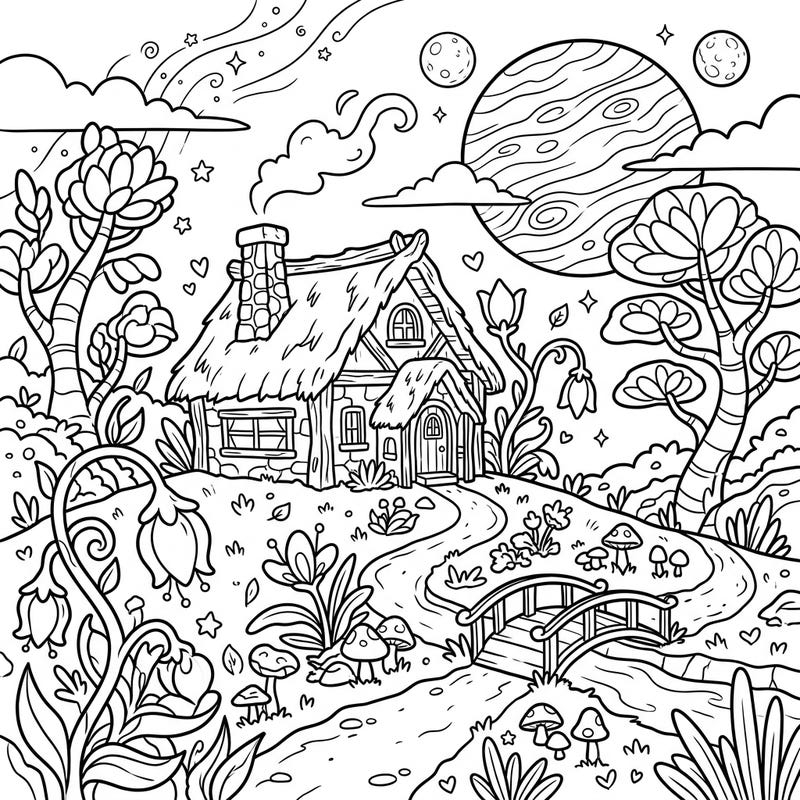 Escape to a charming cottage nestled on an alien world with this delightful coloring page. Discover the enchanting blend of rustic cottagecore aesthetics and mysterious exoplanet flora, inviting you to add vibrant hues to this cosmic dreamscape.