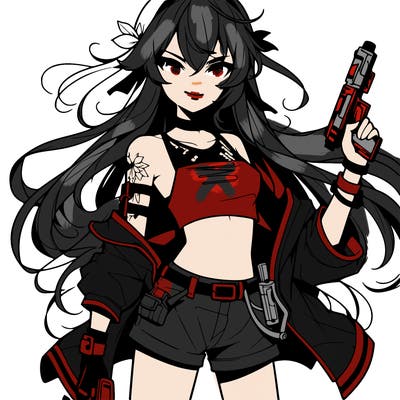bad girl wearing crop top holding a gun long hair anime