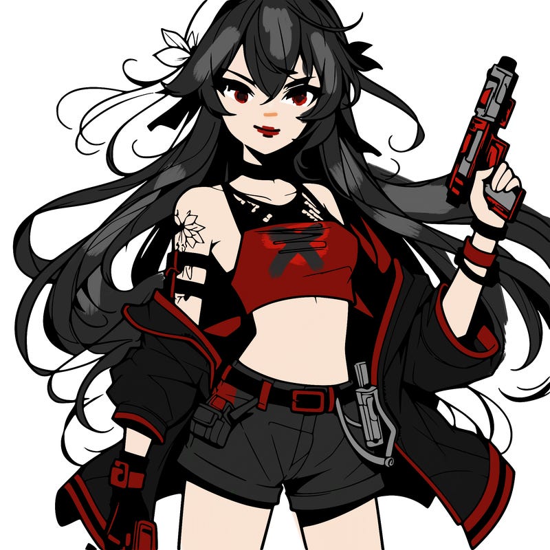 bad girl wearing crop top holding a gun long hair anime