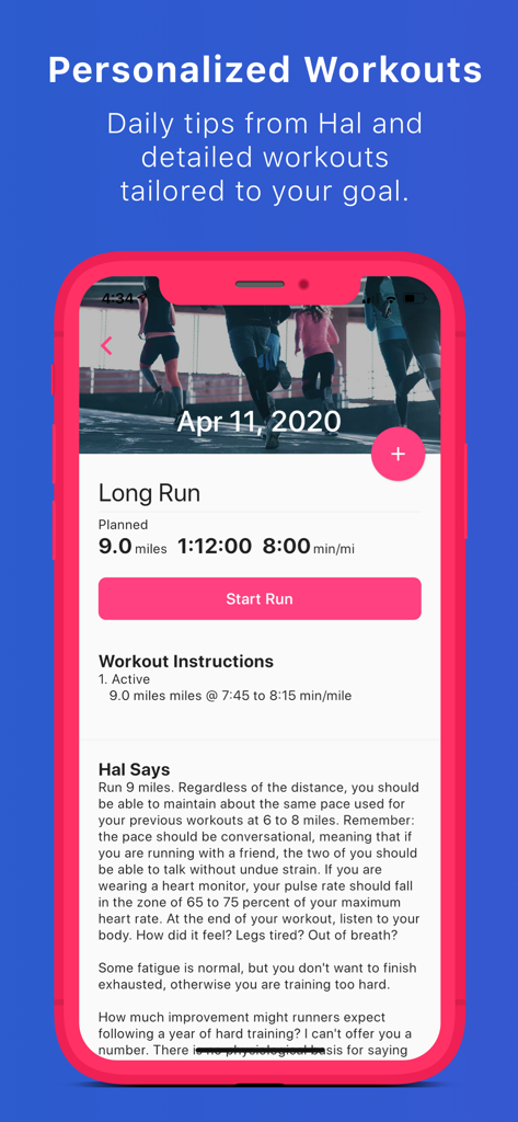 Run With Hal - Run With Hal app interface showing a personalized long run workout with coaching tips from Hal Higdon