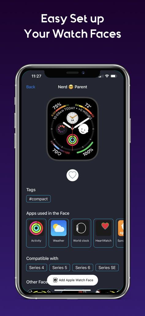 여러 컴플리케이션으로 Apple Watch 페이스를 설정하고 사용자 지정하는 모바일 앱 인터페이스.