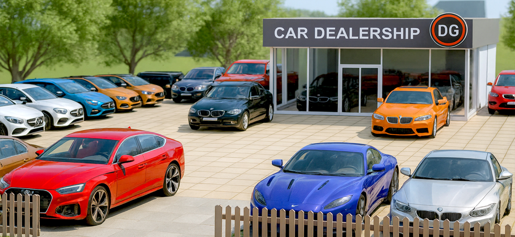 Car Dealership : Company Game - A collection of luxury sports cars parked outside a modern car dealership showroom in a simulation game.