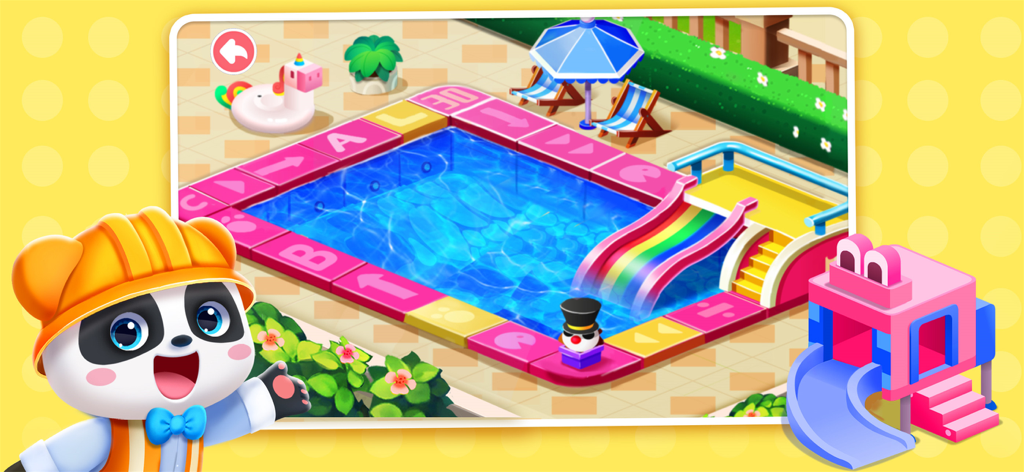 Baby Panda in a construction hat standing in front of a colorful swimming pool with a rainbow slide