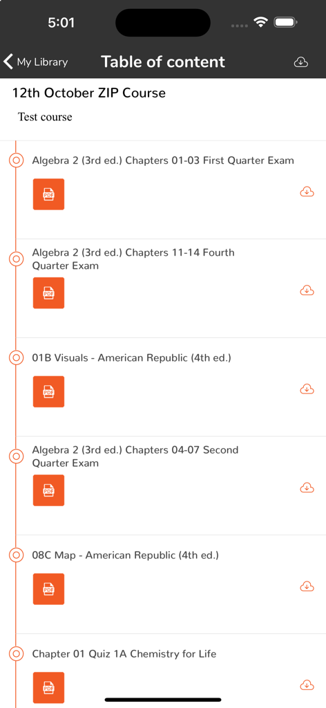 BJU Press Trove - Table of contents in the BJU Press Trove app showing a list of course exams and study resources available for download.