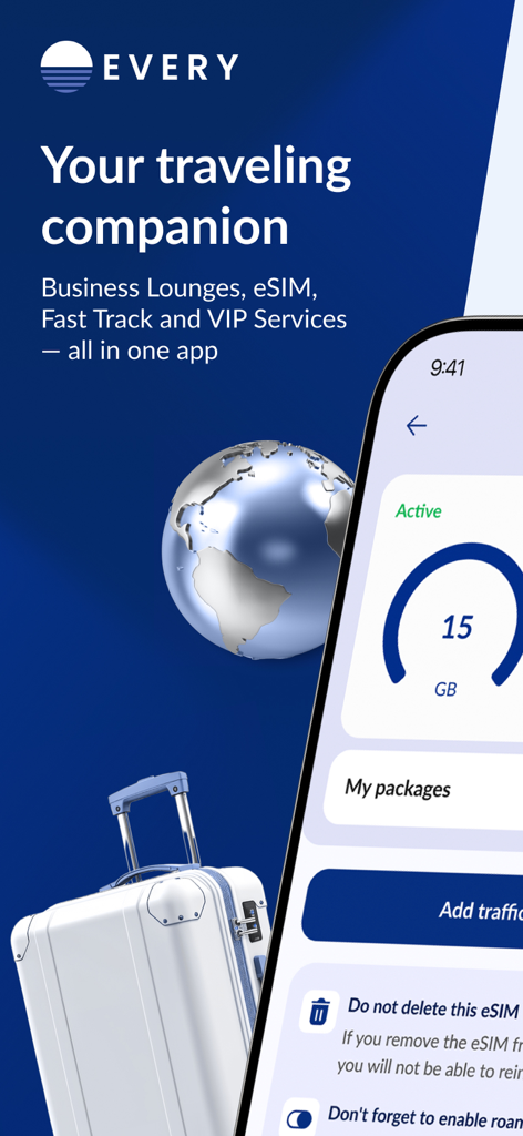Interfaz de la aplicación de viajes EVERY mostrando el uso de datos eSIM y servicios de salas VIP globales