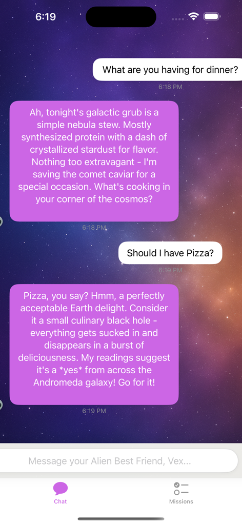 Alien Best Friend - A screenshot of the chat interface in the Alien Best Friend app showing a conversation with Vex the AI alien.