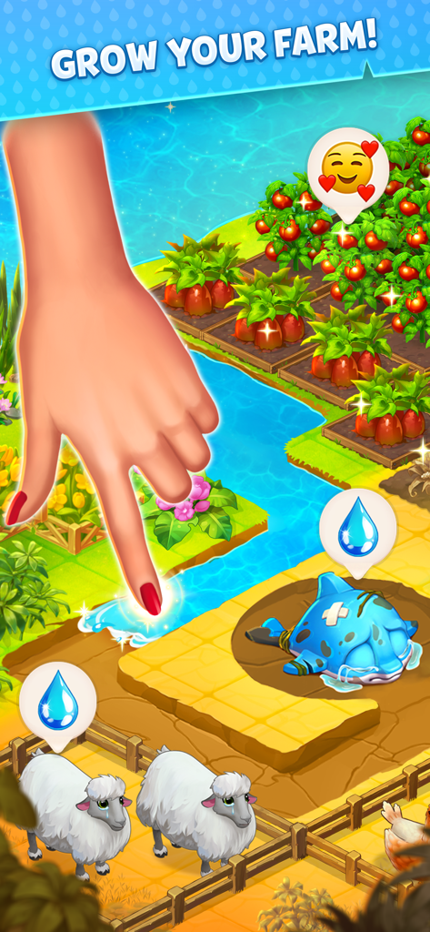Island Hoppers: Adventure Farm - Una colorida pantalla de juego móvil que muestra una mano interactuando con cultivos y animales en una granja tropical.