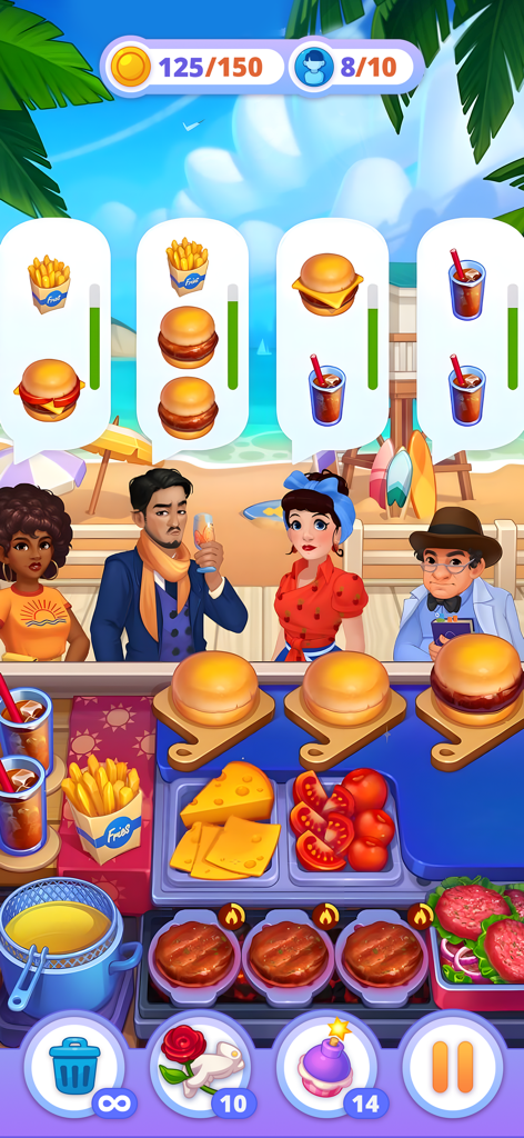 Royal Cooking - Gameplay-Screenshot von Royal Cooking, der einen Burgerladen am Strand zeigt, wo Spieler Essen für wartende Kunden zubereiten.