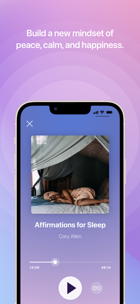 Third Eye Thoughts - スマートフォン画面。Third Eye Thoughtsアプリの睡眠アファメーション用オーディオプレイヤーが表示されています。