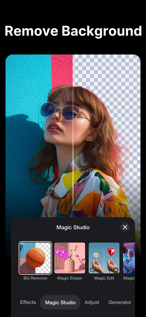 TrimCut - Video Editor - Uma tela dividida mostrando o recurso de remoção de fundo por IA no aplicativo de edição de vídeo TrimCut.