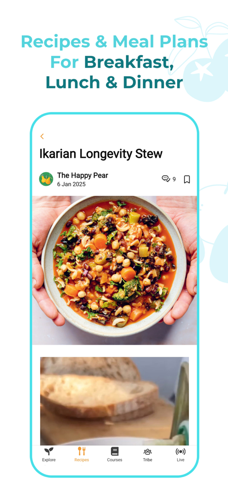 Exibição da receita Ikarian Longevity Stew no aplicativo Plant Based Recipe Club, mostrando uma tigela vibrante de ensopado de vegetais.