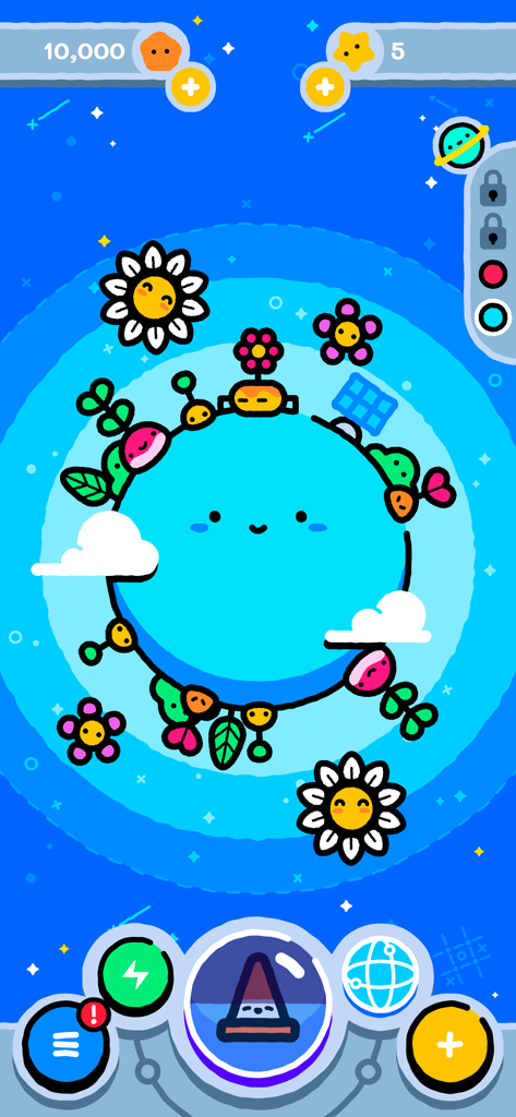 Idle Pocket Planet - Cute smiling blue planet with colorful space plants and flowers in Idle Pocket Planet gameplay.