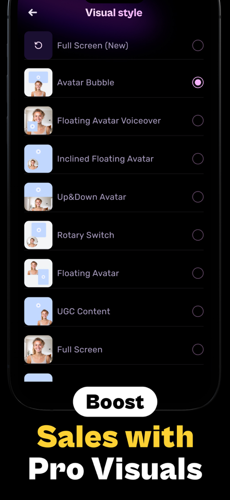 AI UGC Video Ads - Product Ads - Un menu dans l'application Publicités Vidéo UGC IA montrant diverses options de style visuel comme Avatar Bulle et Voix Off Avatar Flottant pour augmenter les ventes avec des visuels professionnels