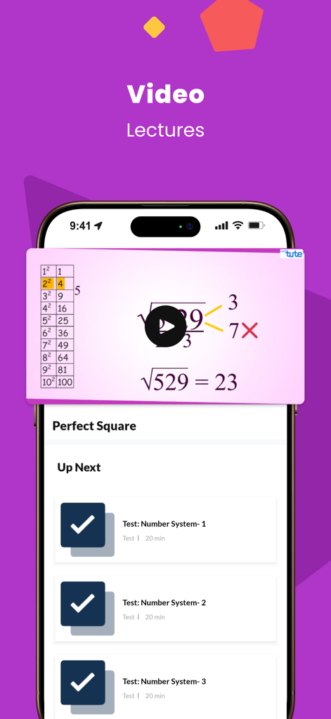 GMAT試験対策アプリのインターフェースで、ビデオ講義と数体系の練習問題が表示されています