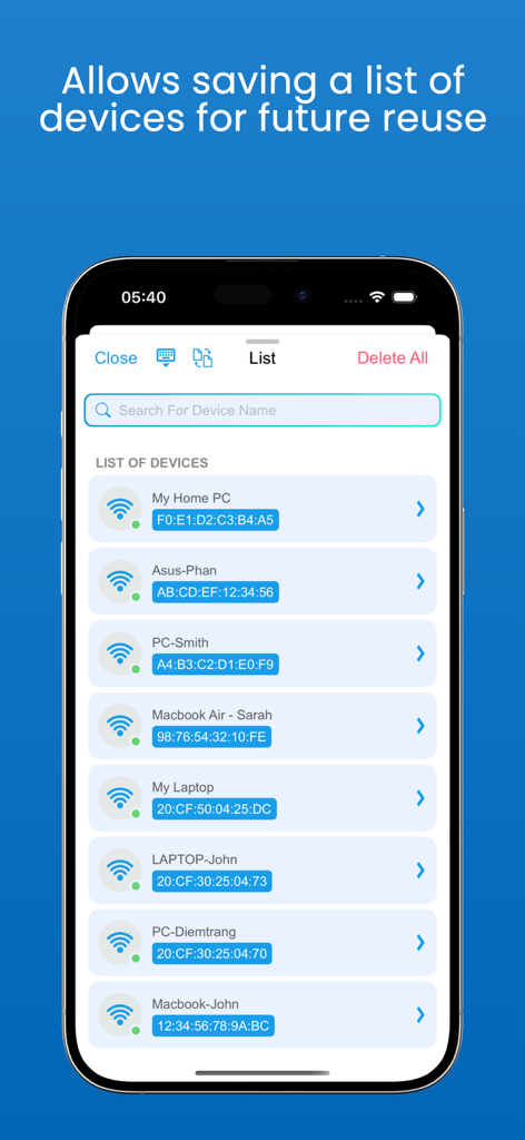Simple WOL - Wake on LAN Tool - A list of saved network devices with their MAC addresses in the Simple WOL app