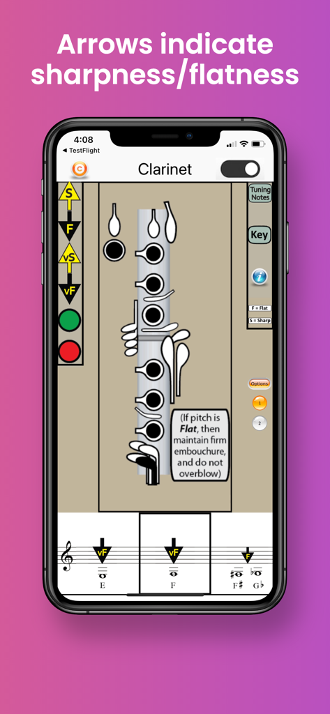 Clarinet Fingering & Tuning - Aplicativo de digitação de clarinete mostrando tendência de afinação e indicadores de afinação