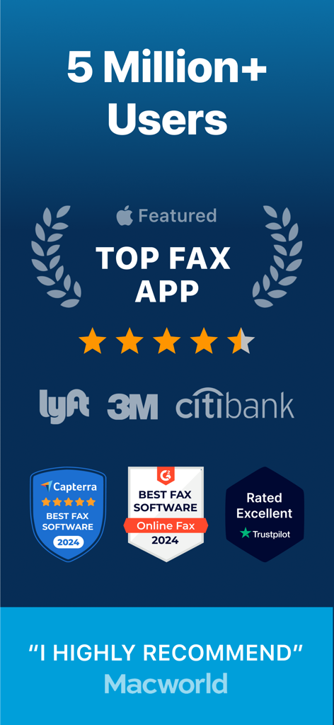 iFax App Send Fax From iPhone - Capterra G2およびTrustpilotからのiFaxアプリの信頼バッジとトップ評価。500万人のユーザーと企業のパートナーを示す