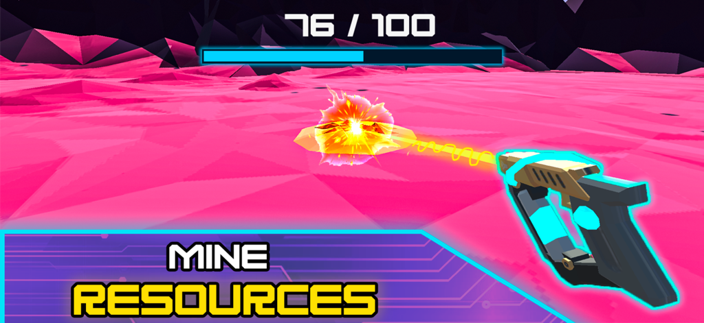 Factory - automation games inc - First person view of a player using a laser tool to mine resources in a low poly factory game