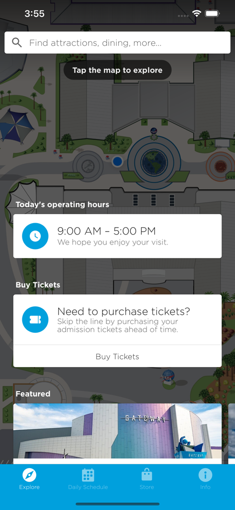 Explore screen of the Kennedy Space Center Guide app showing visitor hours and ticket purchase options